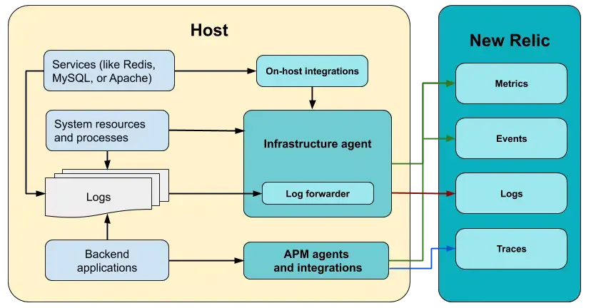 New Relic dual-agent architecture showing the relationship between eBPF and traditional APM agents for complete observability coverage