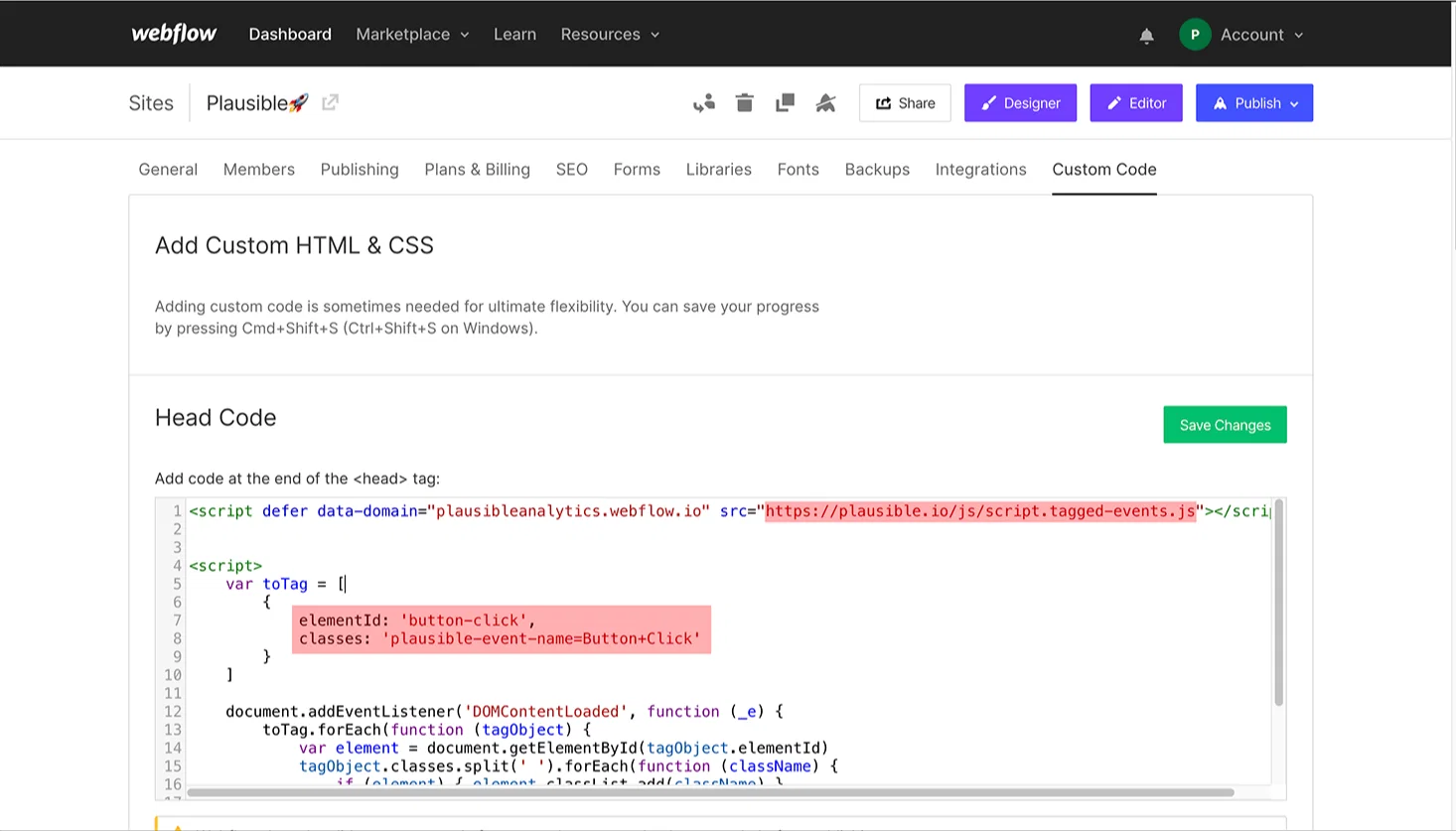 Modify Plausible script webflow