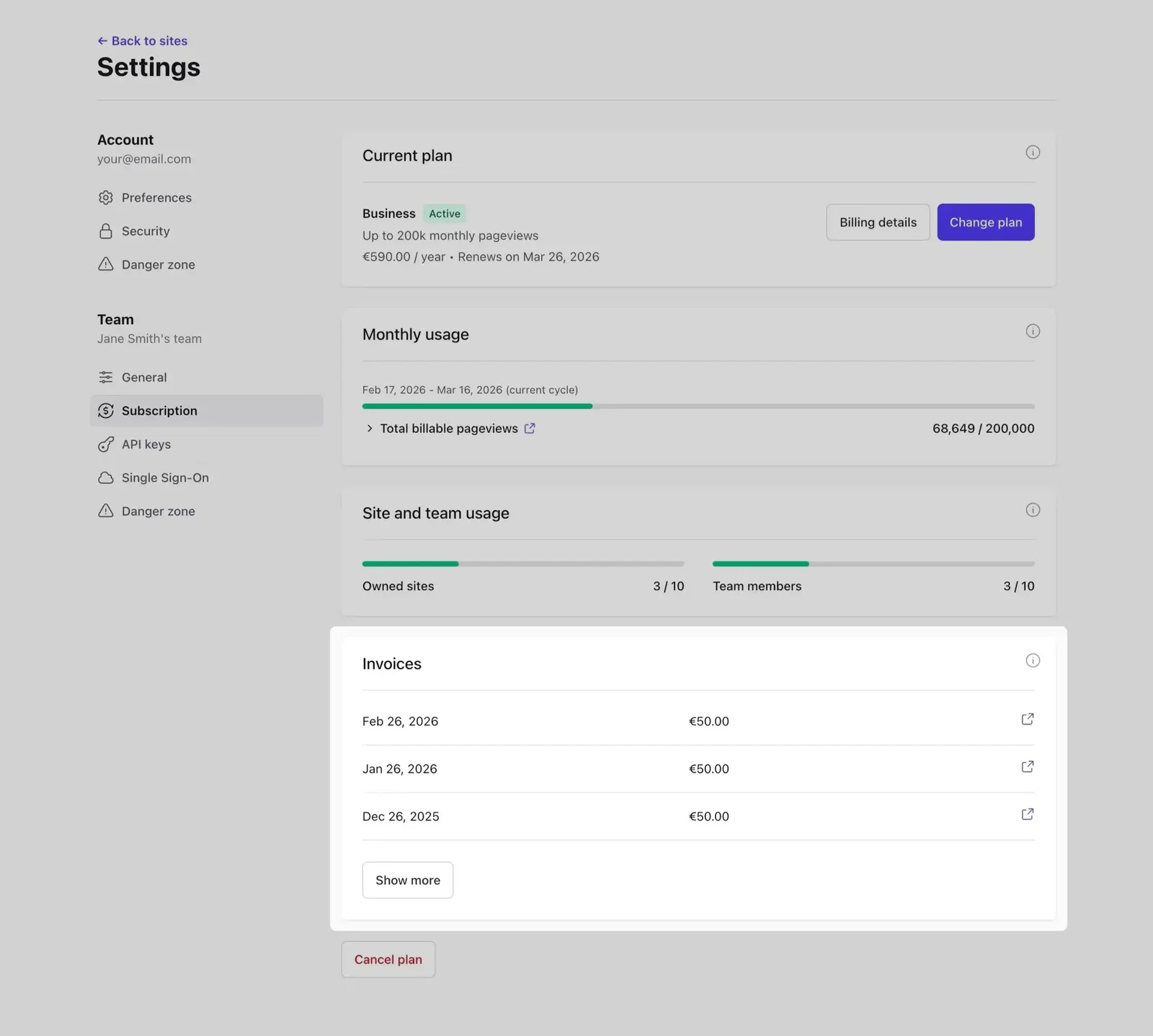 Invoice list in Plausible account settings