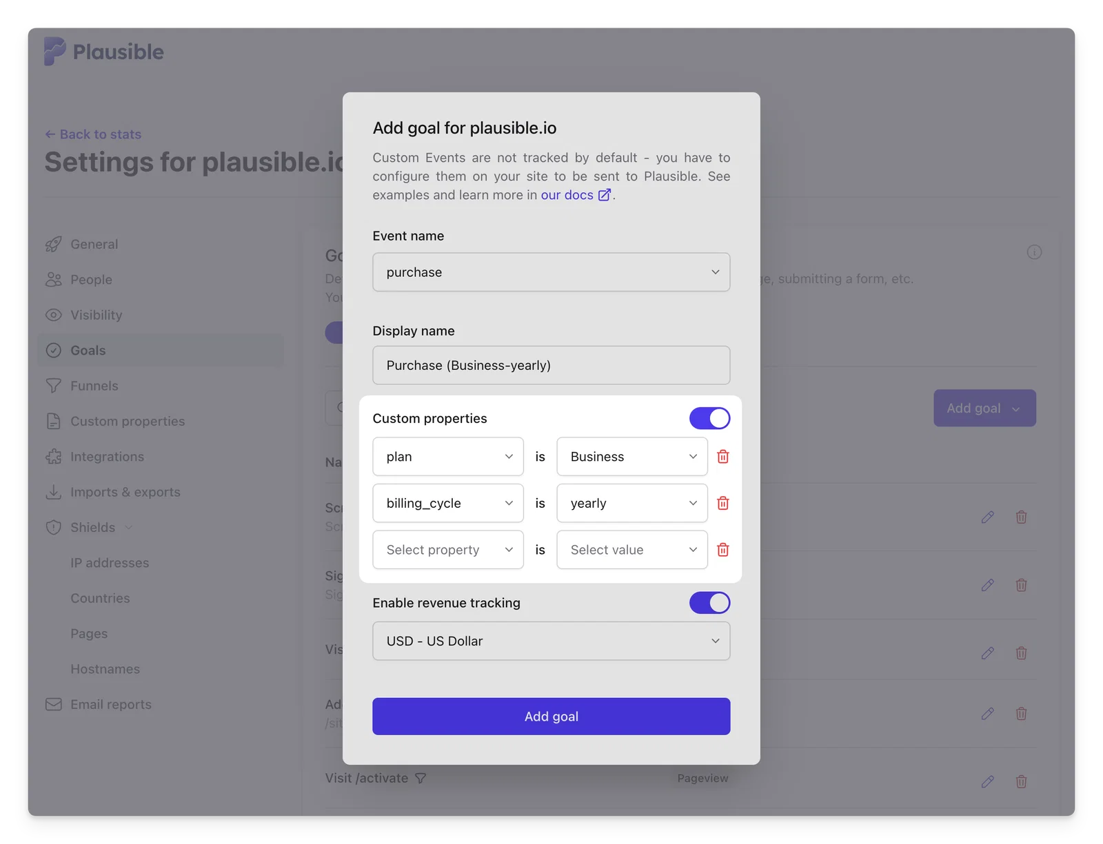 goals with custom properties in plausible analytics