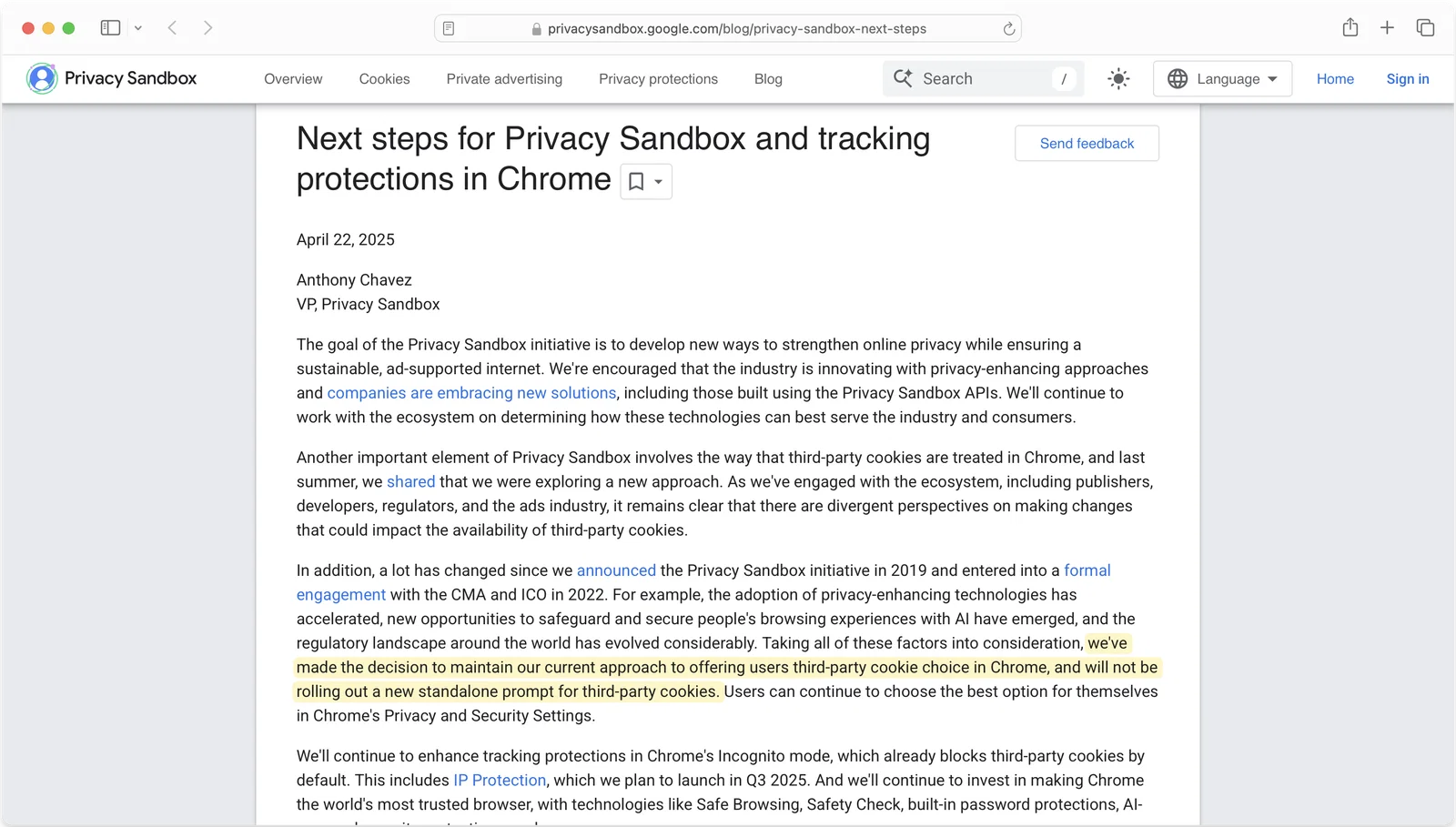 Google's April 2025 Privacy Sandbox announcement about third-party cookie choice in Chrome