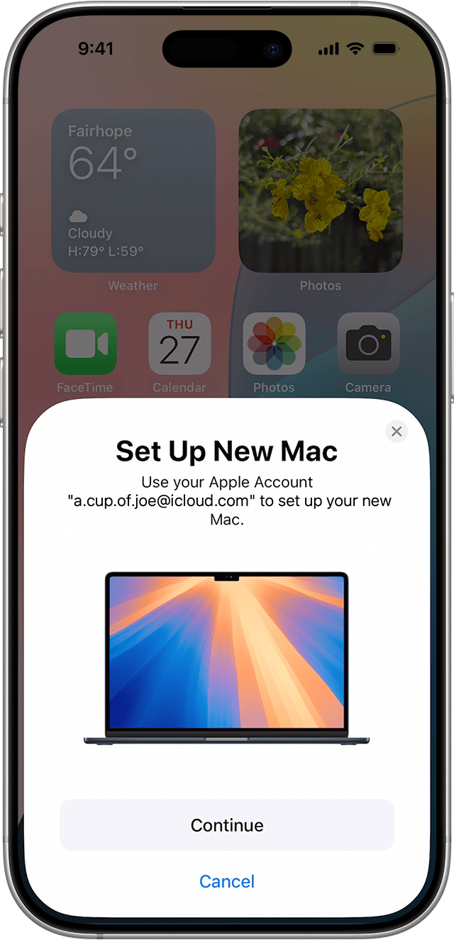 iPhone prompt to use your Apple Account to set up your new Mac.