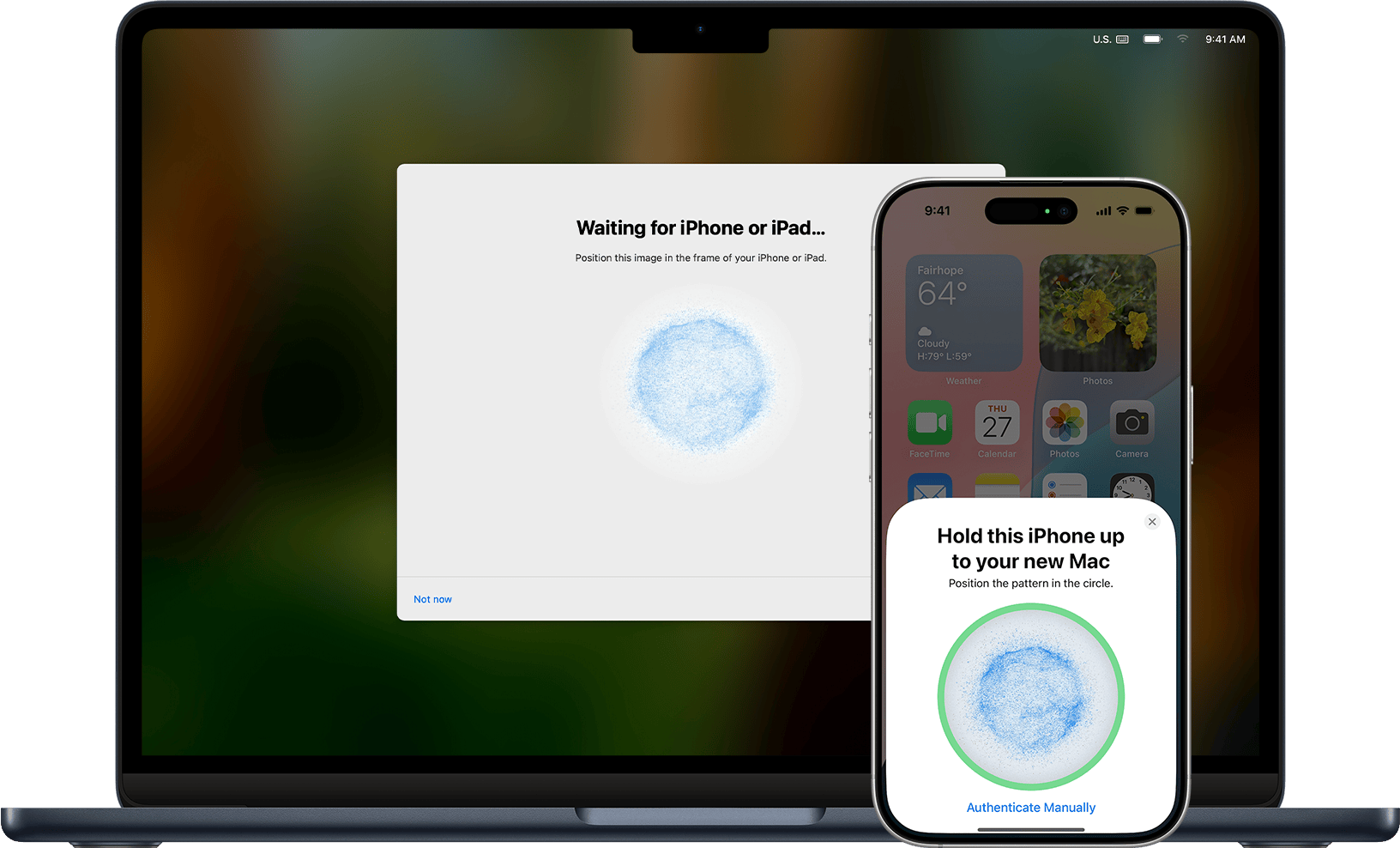 iPhone scanning a pattern to authenticate and set up a new Mac.